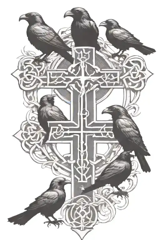Rooker Family Crest With 2 Large Crows And 4 Small Crows With Celtic Cross