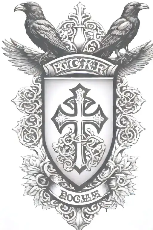 Rooker Family Crest With Home In Shield With 6 Crows On A Celtic Cross