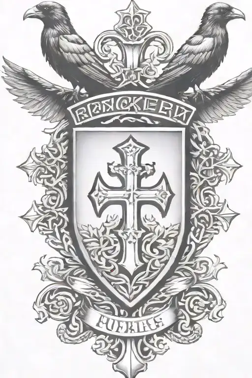Rooker Family Crest With Home In Shield With 6 Crows On A Celtic Cross