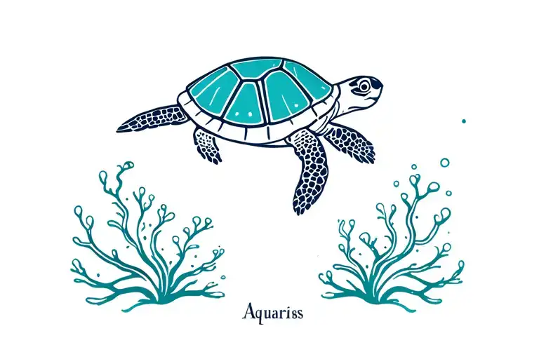 Turtle With Coral And Aquarius Sign