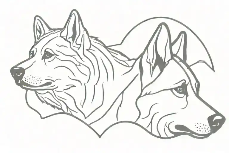 Half Bear Face And Half German Shepperd Face With Mountains Inside