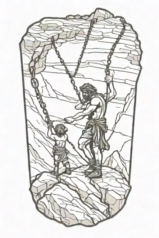 Front View Of Warrior Holding A Chain Pulling A Child Up From A Cliff