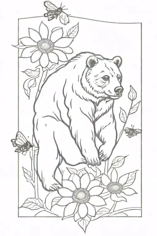 Grizzly Bear With Honeybees And Sunflowers Intertwined