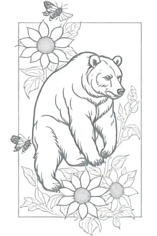 Grizzly Bear With Honeybees And Sunflowers Intertwined