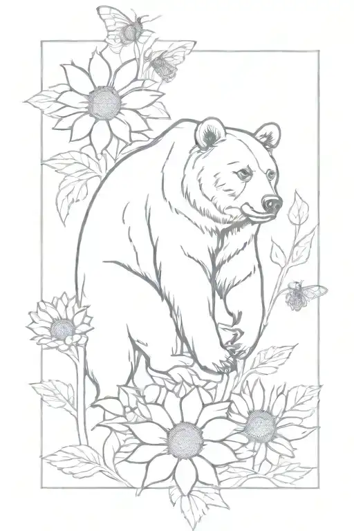 Grizzly Bear With Honeybees And Sunflowers Intertwined