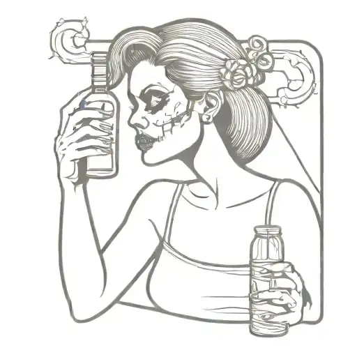 Old School Style Minimalist Tattoo Of Female Skull With Black Power Hair Holding A Bottle Of Wine