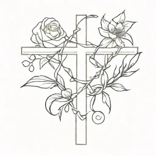 Cross Tatto With Crown Of Thorns And Flowers