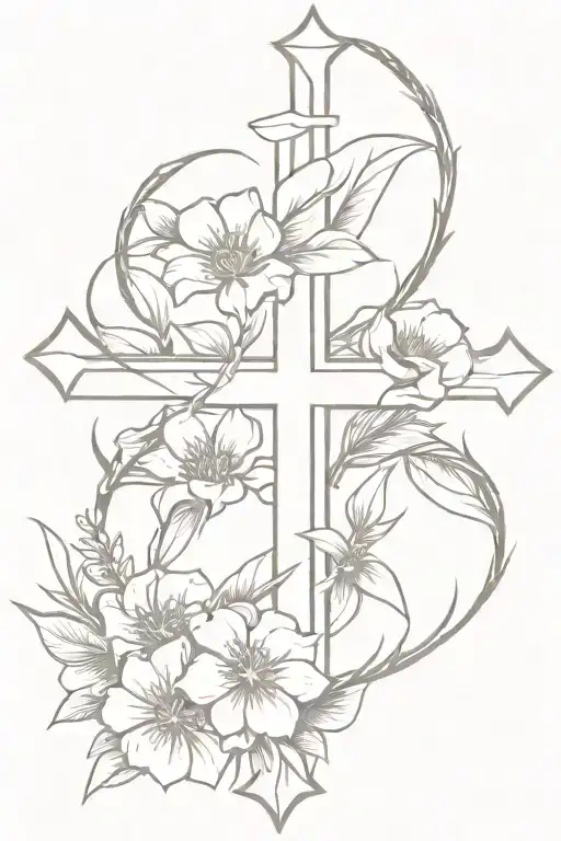 Cross Tatto With Crown Of Thorns And Flowers