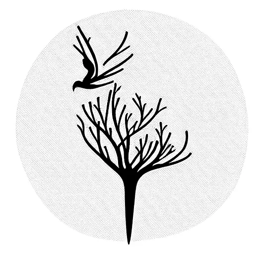 Tree Branch With One Bird Sitting And One Bird Flying Away