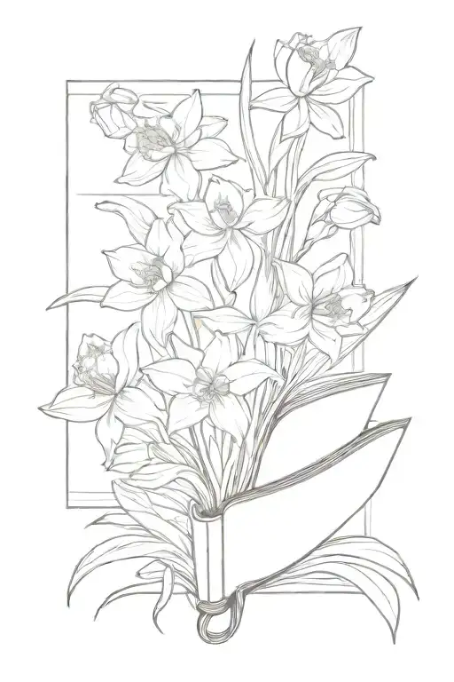 Daffodils And Tulips Bouquet Over An Open Book