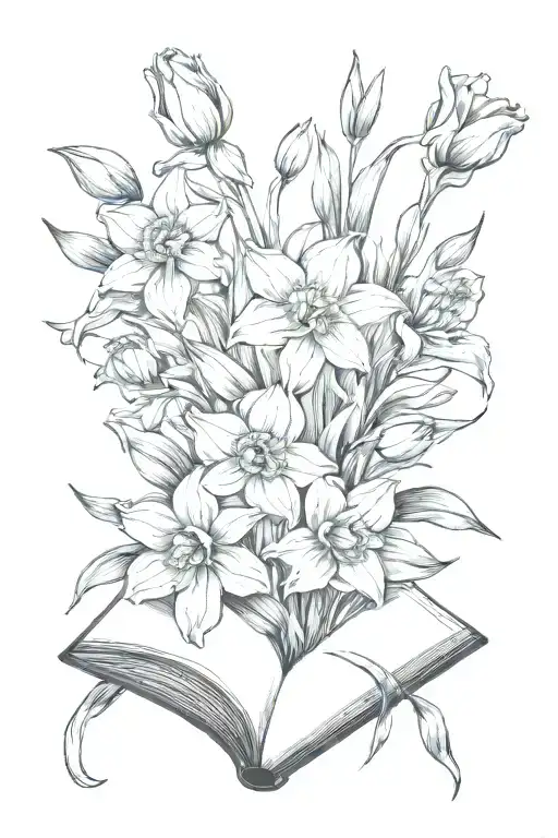 Daffodils And Tulips Bouquet Over An Open Book