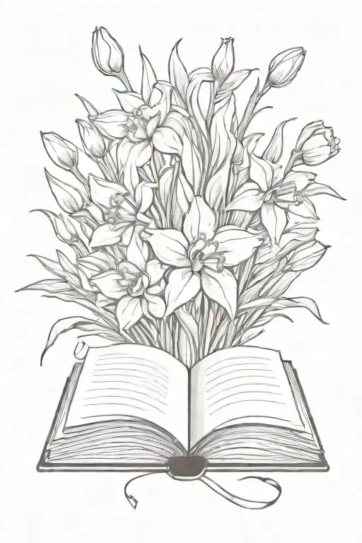 Daffodils And Tulips Bouquet Over An Open Book