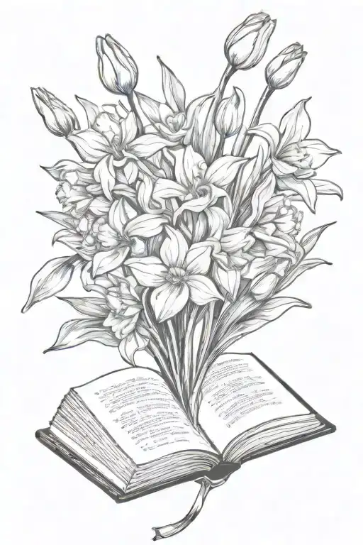 Daffodils And Tulips Bouquet Over An Open Book