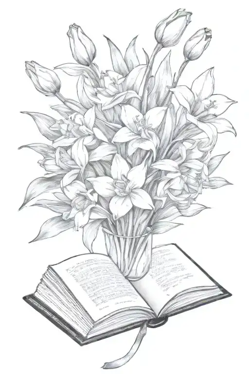 Daffodils And Tulips Bouquet Over An Open Book