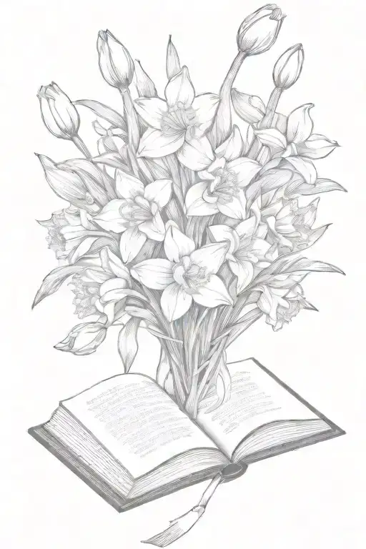 Daffodils And Tulips Bouquet Over An Open Book