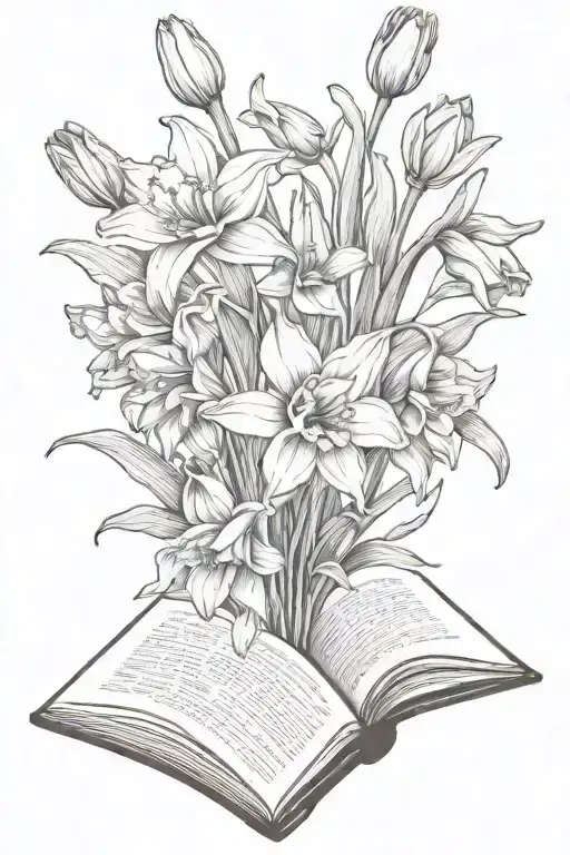 Daffodils And Tulips Bouquet Over An Open Book