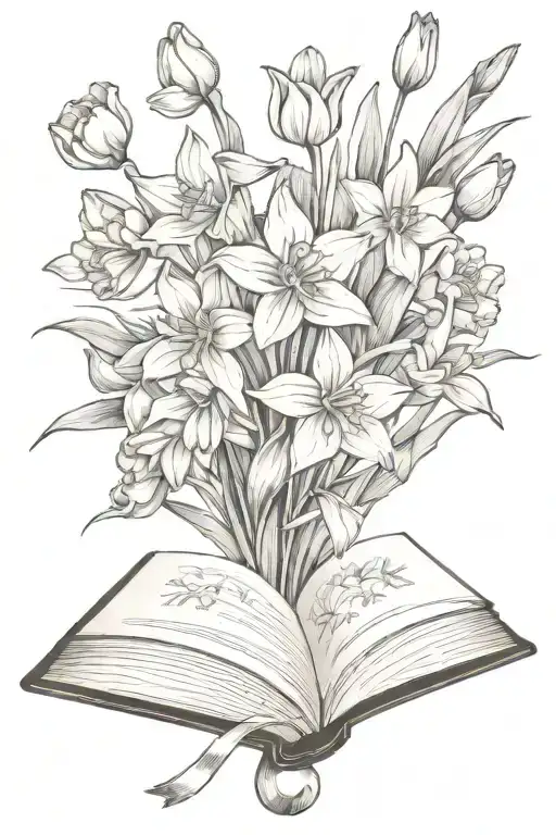 Daffodils And Tulips Bouquet Over An Open Book