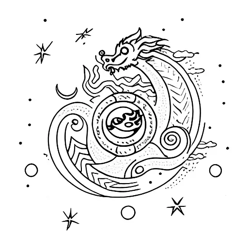 Small Dragon With A Sun And A Moon Surrounding And Stars
