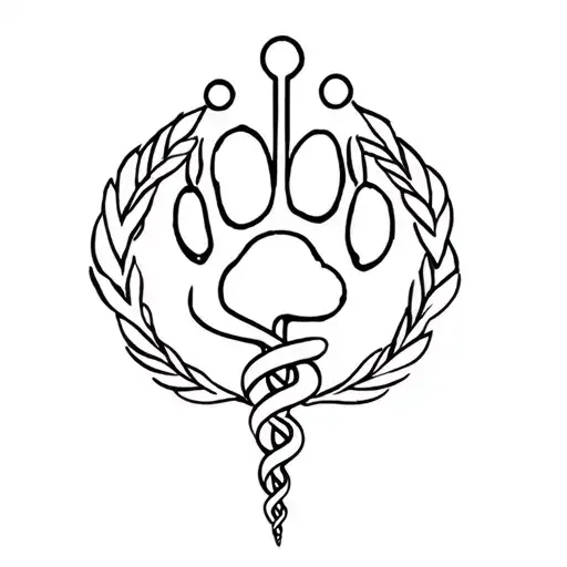 Dog's Paw Ink Surrounded By Veterinary Caduceus Symbol