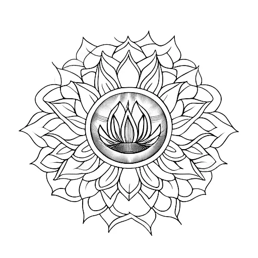 A Minimalist Tattoo Of A Lotus Flower With The Sun And Moon Incorporated Into Its Petals