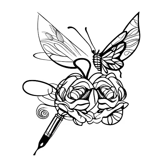 A Paintbrush And Coffee Mug Intertwined With A Butterfly Perched On Top