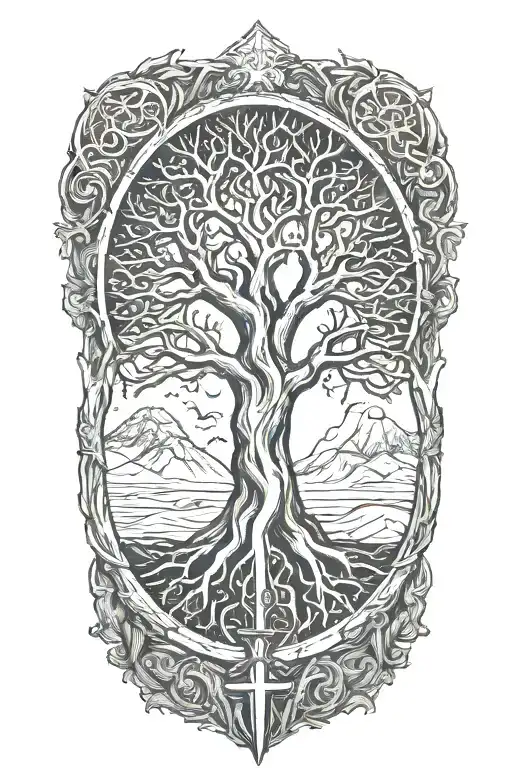 Yggdrasil And Tombstone And Sword And Staff And Magic