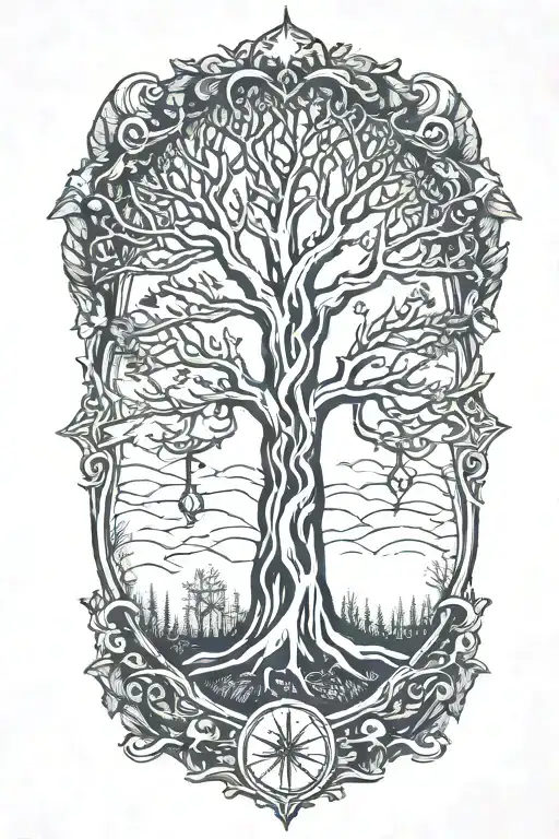 Yggdrasil And Tombstone And Sword And Staff And Magic