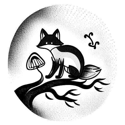 Rainbow Fox Climbing Up A Gnarly Tree With Mushrooms At The Base