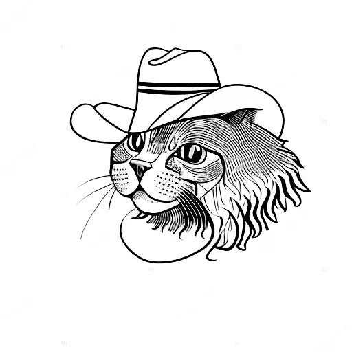 A Blackwork Tattoo Of A Cat Wearing A Cowboy Hat Sitting On A Pile Of Books
