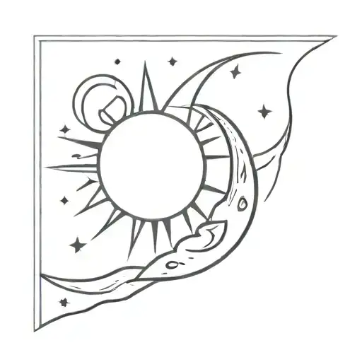 A Black Tattoo Where The Sun Is The Main But There's Also A Moon Somewhere
