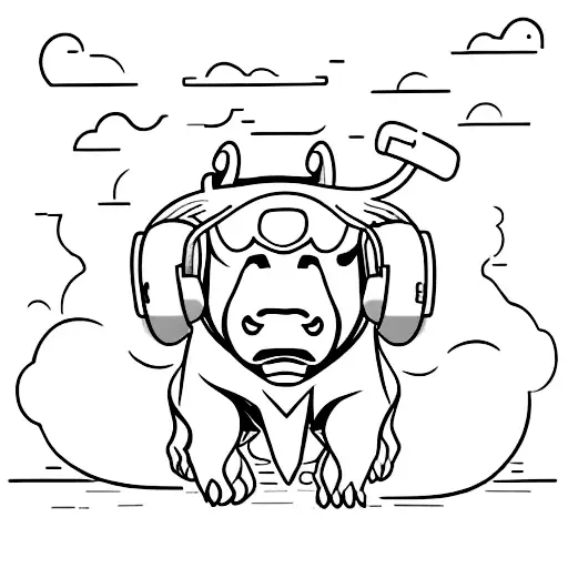 A Powerful Bull Wearing Headphones And Listening To Music While Standing On A Wave