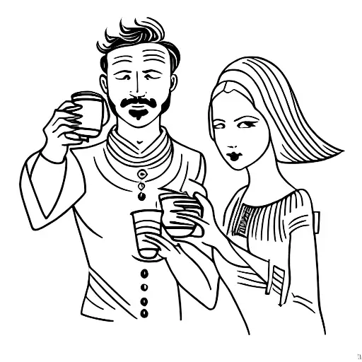 A Man And A Woman Hold Cups Like In Tarot Card 2 Of Cups