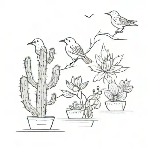 Two Cactus With Four Different Birds Above Her