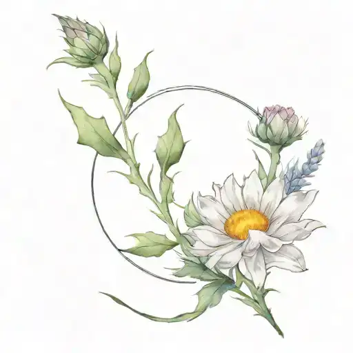 Water Colour Cresecent Moon With A Thistle Daisy And Gladiolus