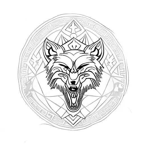Vegvisir Symbol With Two Roaring Wolf Heads On Each Side