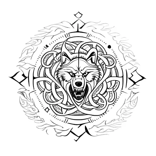 Vegvisir Symbol With Two Roaring Wolf Heads On Each Side Of It