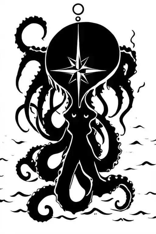 Angry Kracken Octopus In Ocean With Nautical Compass In Middle With Tentacles Out Wide With Waves