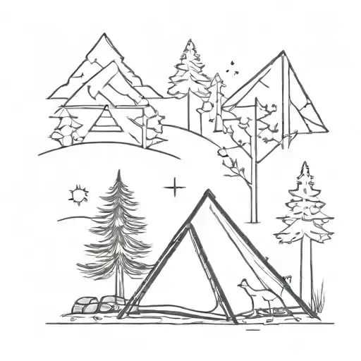 Tent With Pine Tree And Campfire