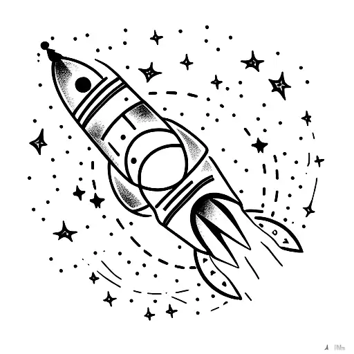 A Minimalist Tattoo Of A Rocket Flying Towards A Crescent Moon