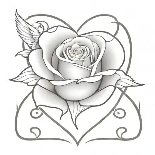 White Rose Within A Heart With Angel Wings Spread