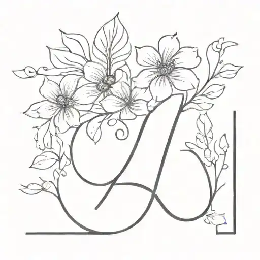 Initials K With Floral Simple Line Drawing Style