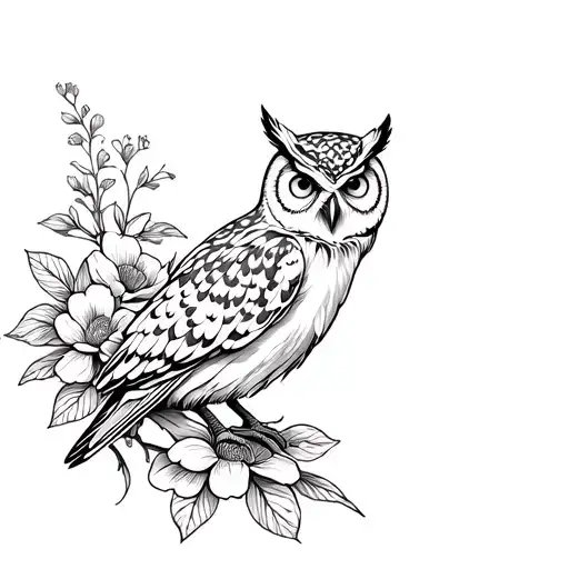 Owl Perched On Flowers Intertwined