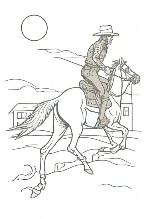 Cowboy Skeleton Riding A Horse Through A Empty Town Into The Sunset One Last Time