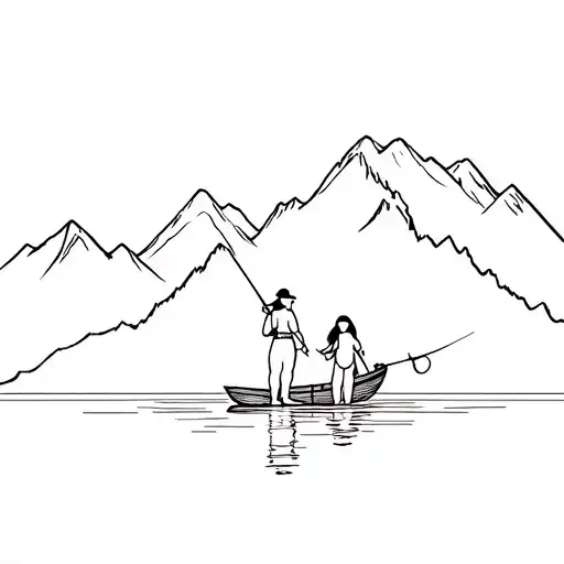 Mountain And Lake With Fisherman And Girls Girl