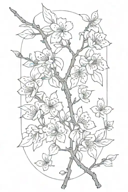 Thin Narrow Black And White Masculine Cherry Branch Tattoo With Blossoms