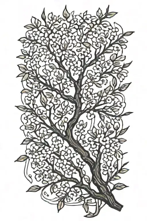 Thin Narrow Black And White Masculine Cherry Branch Tattoo With Blossoms Less Blossoms