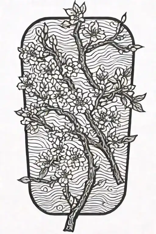 Thin Narrow Black And White Masculine Cherry Branch Tattoo With Minimal Blossoms