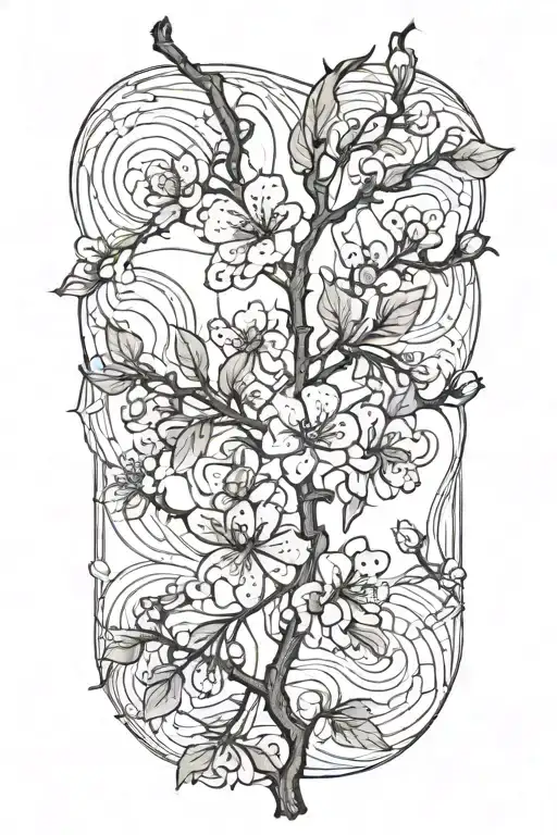 Thin Narrow Black And White Masculine Cherry Branch Tattoo With Minimal Blossoms