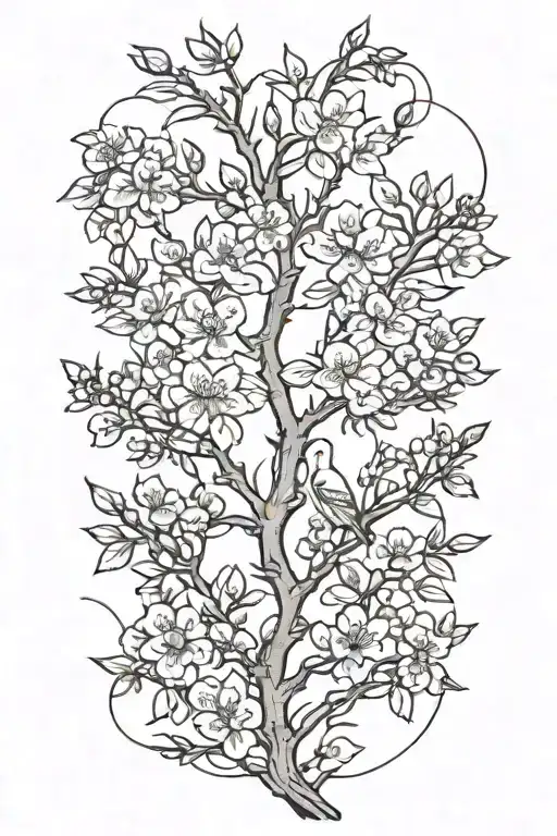 Thin Narrow Black And White Masculine Cherry Branch Tattoo With Minimal Blossoms With 4 Birds