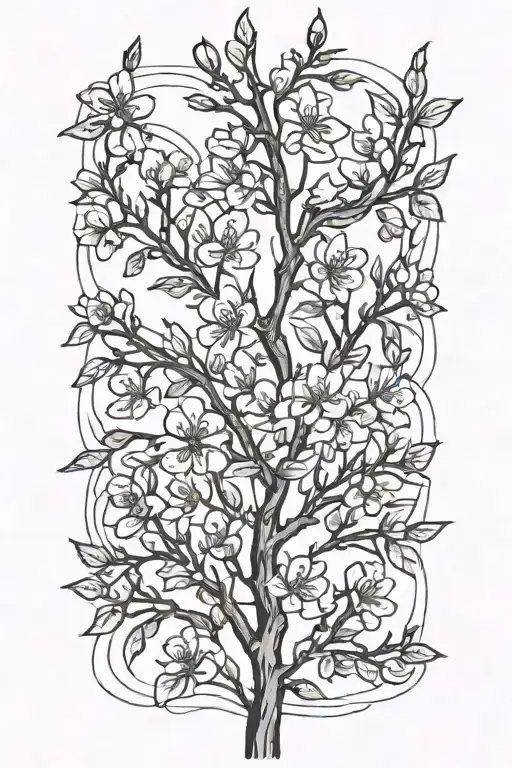 Thin Narrow Black And White Masculine Cherry Branch Tattoo With Minimal Blossoms With 4 Birds